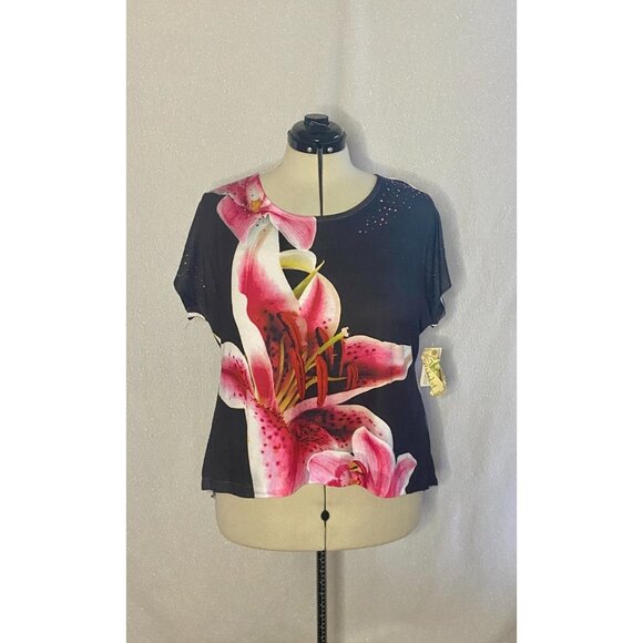 NWT Women's One World Semi sheer Stargazer Lily top. Size 1X - Picture 1 of 6